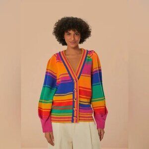 Farm Rio Bold Stripes Knit Cardigan Sweater Oversized XS Small Medium Fit